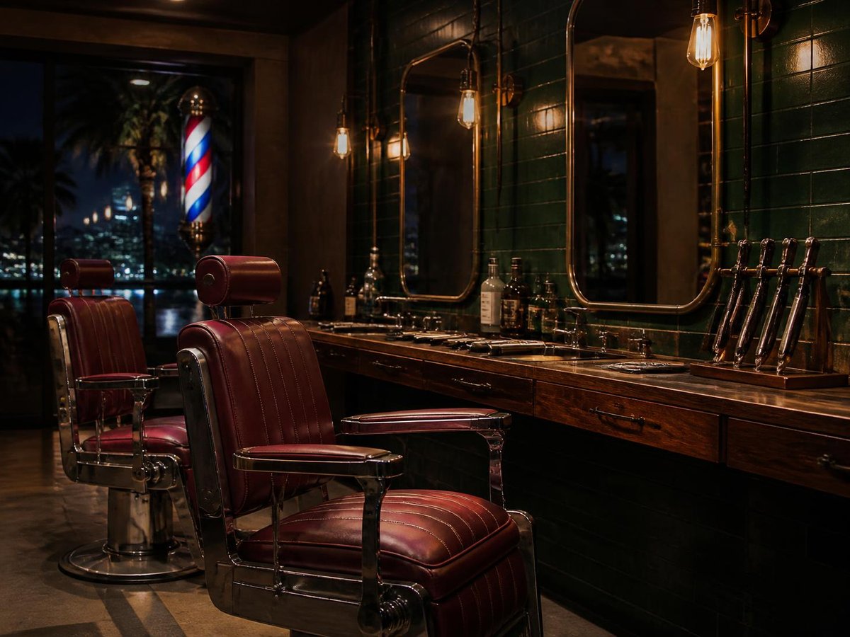 The barber side at night with leather chairs and a barber pole