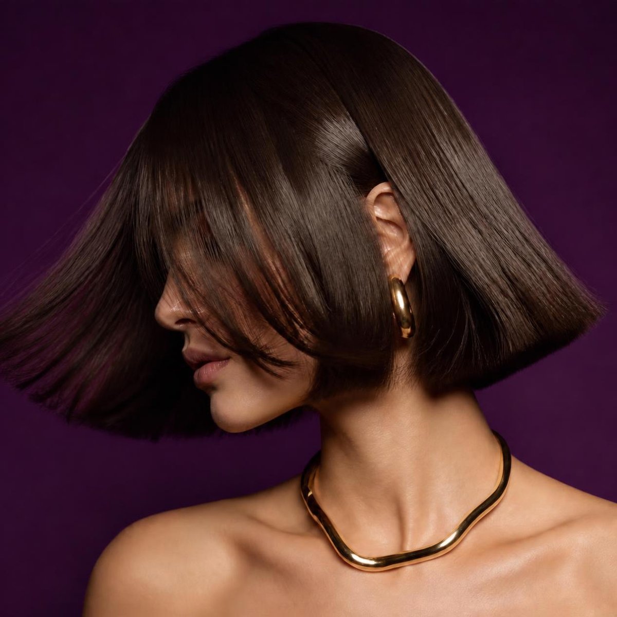Glossy chin-length bob swinging in motion