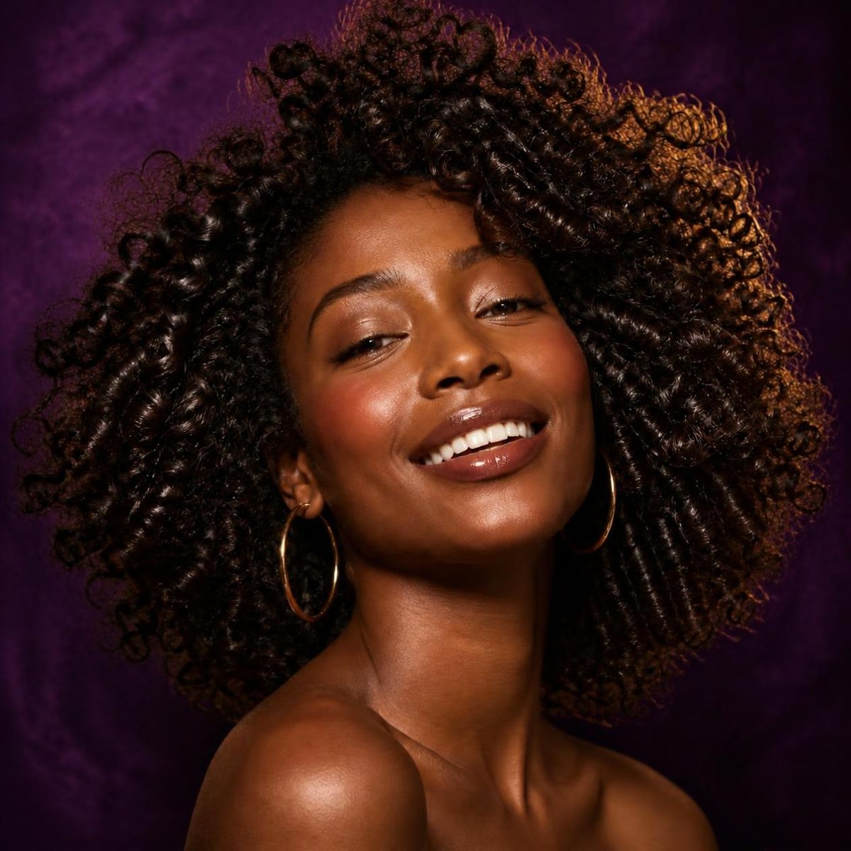 Defined glossy curls framing a smile