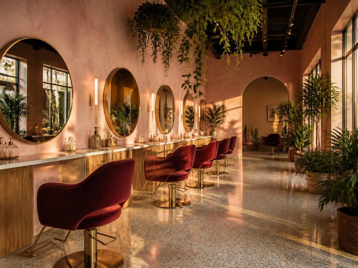 Inside the studio: blush walls, round brass mirrors, velvet chairs